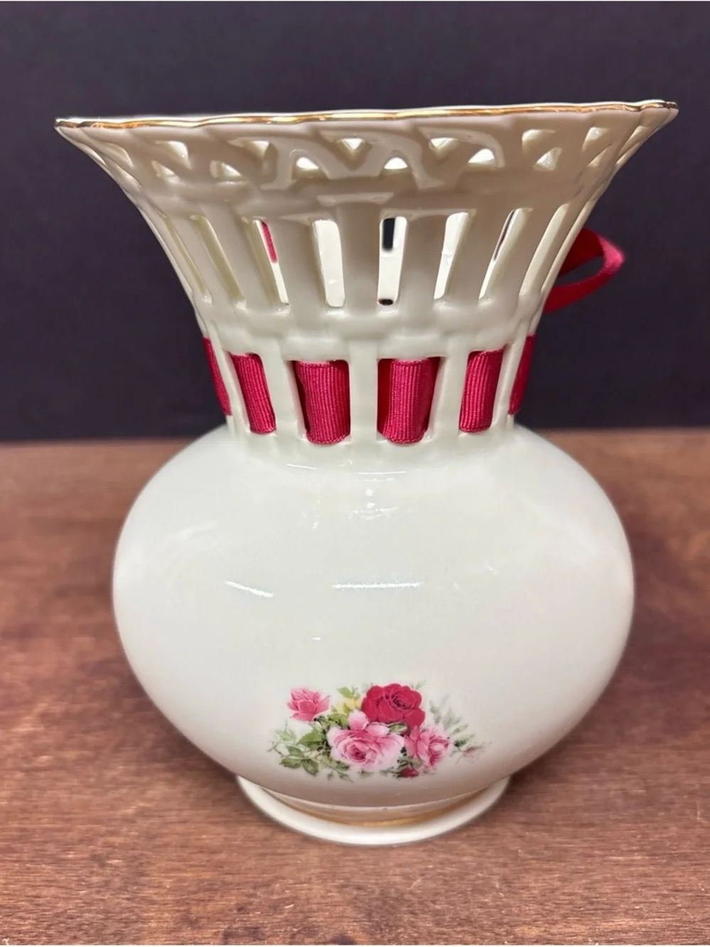Formalities By Baum Bros Ceramic Floral Accent Vase with Pink and Red Ribbon